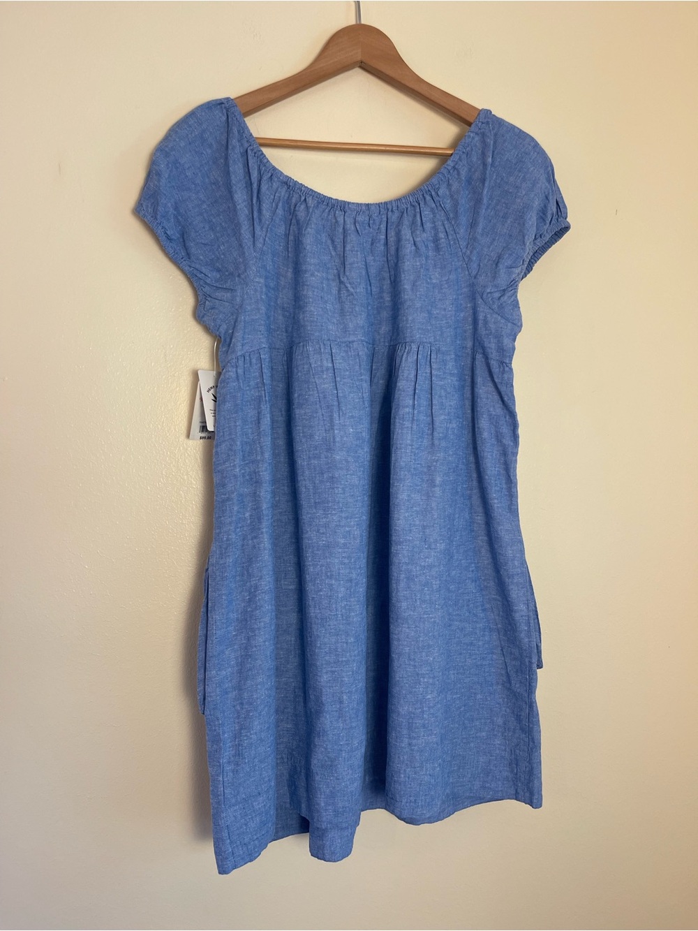 Lucky Brand Blue Casual Mini Dress Hemp Cotton Coastal Puff Sleeves Summer L NWT - Picture 13 of 14